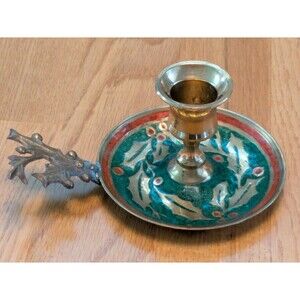 Vintage Enameled Solid Brass Candle Holder Chamber stick Holly Berry
